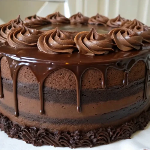 Chocolate shadow cake with layered chocolate sponge, creamy frosting, and glossy chocolate ganache drip on top