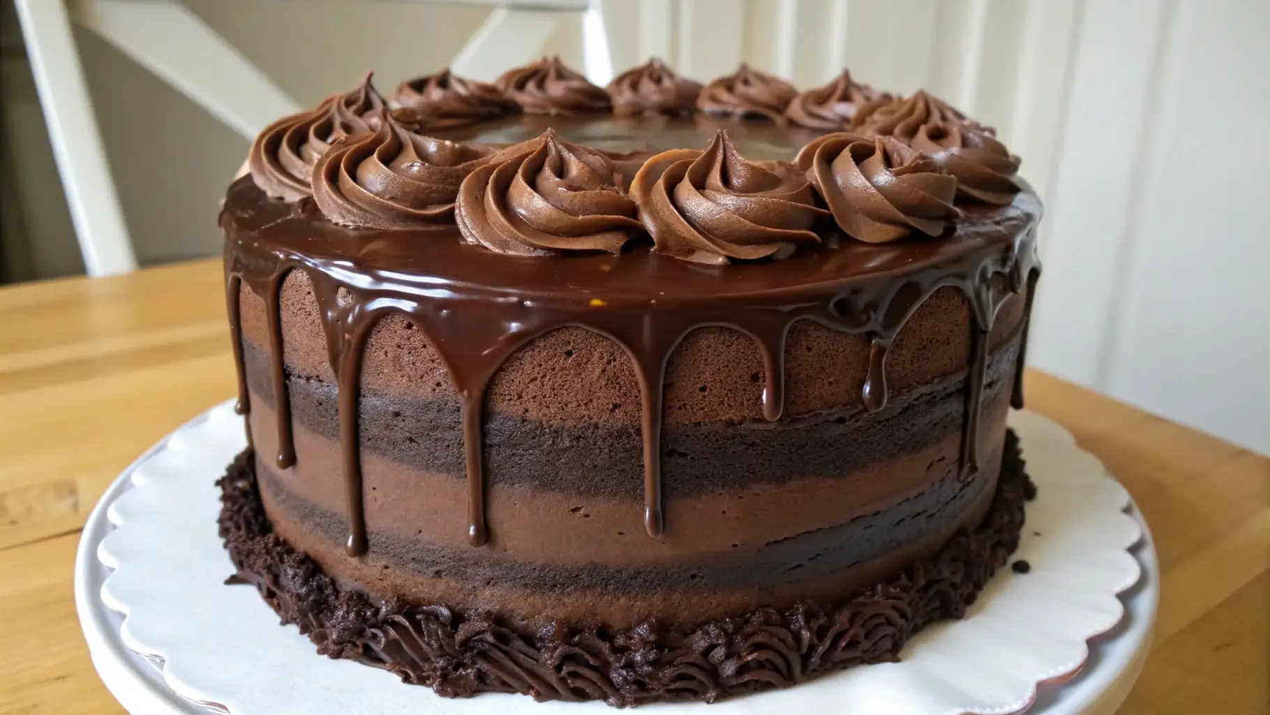 Chocolate shadow cake with layered chocolate sponge, creamy frosting, and glossy chocolate ganache drip on top