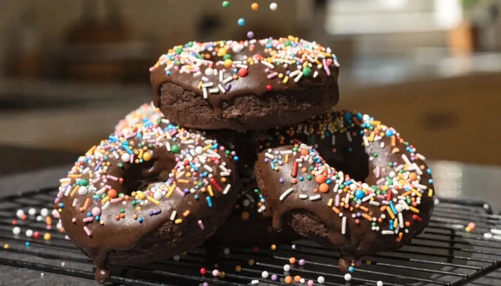 Chocolate donuts topped with glossy chocolate glaze and colorful sprinkles, stacked on a cooling rack with a rich soft texture and dripping chocolate finish.