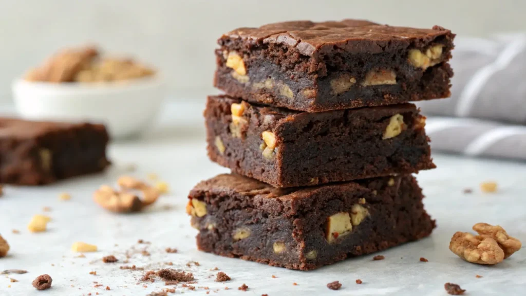 Fudgy chocolate walnut brownies stacked in layers with visible crunchy walnut pieces, rich dark chocolate texture on a light surface with crumbs