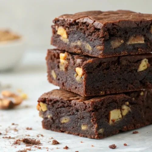 Fudgy chocolate walnut brownies stacked in layers with visible crunchy walnut pieces, rich dark chocolate texture on a light surface with crumbs