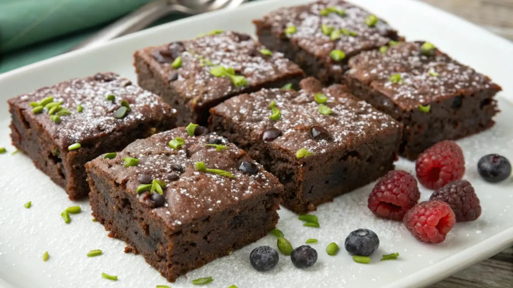 Moist chocolate zucchini cake squares topped with powdered sugar and chocolate chips served on a white plate with fresh raspberries and blueberries