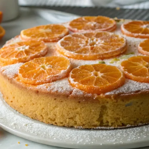 Simple Clementine Cake Recipe for Everyday Baking - Bright, Moist, and Easy 2 Moist clementine cake topped with fresh clementine slices and dusted with powdered sugar, served on a white plate with citrus segments on the side.