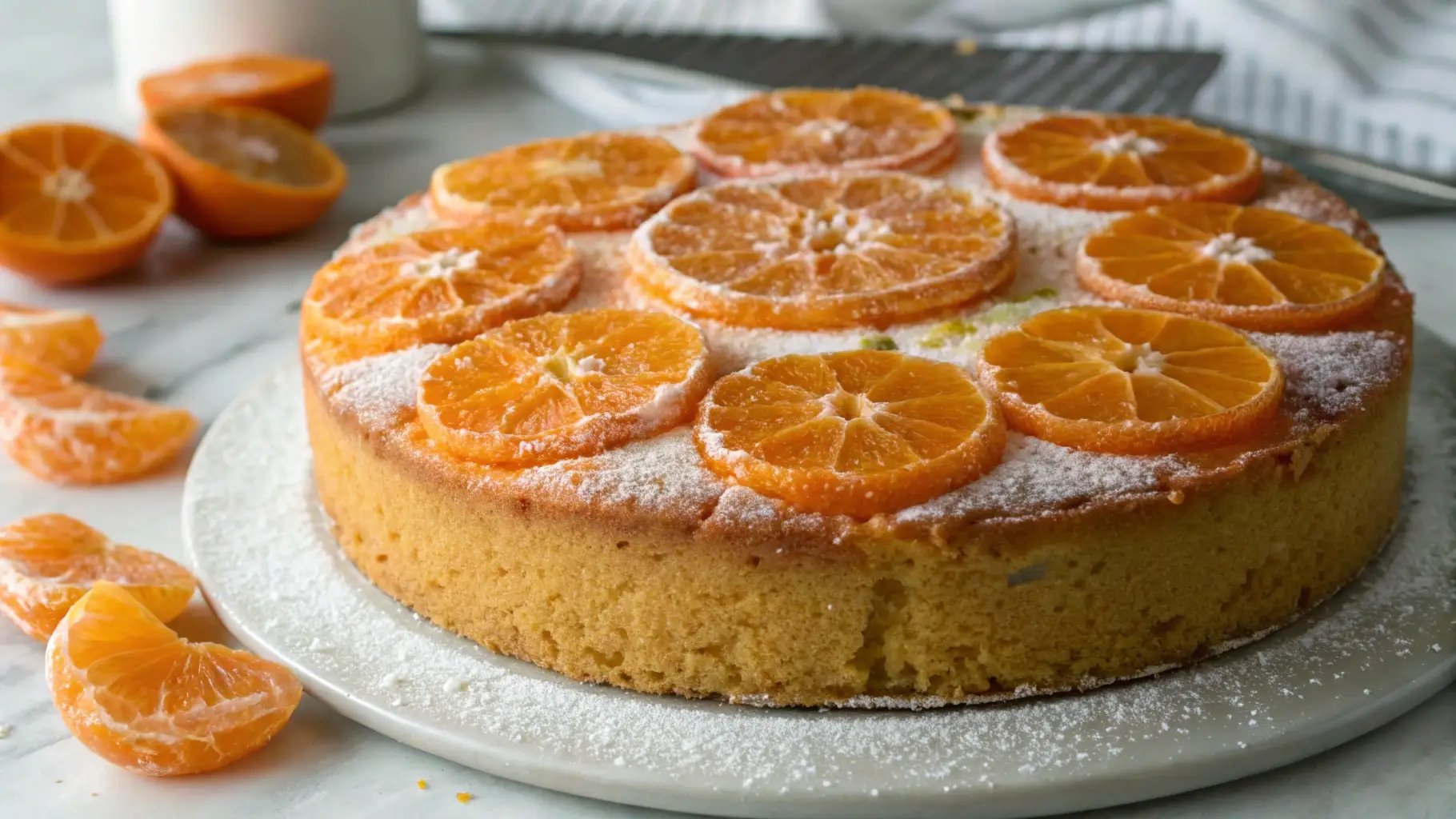 Simple Clementine Cake Recipe for Everyday Baking - Bright, Moist, and Easy 1 Moist clementine cake topped with fresh clementine slices and dusted with powdered sugar, served on a white plate with citrus segments on the side.