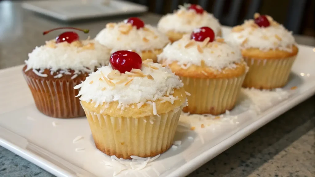 Coconut cupcakes topped with white frosting, shredded coconut, toasted flakes, and red cherries arranged on a serving plate