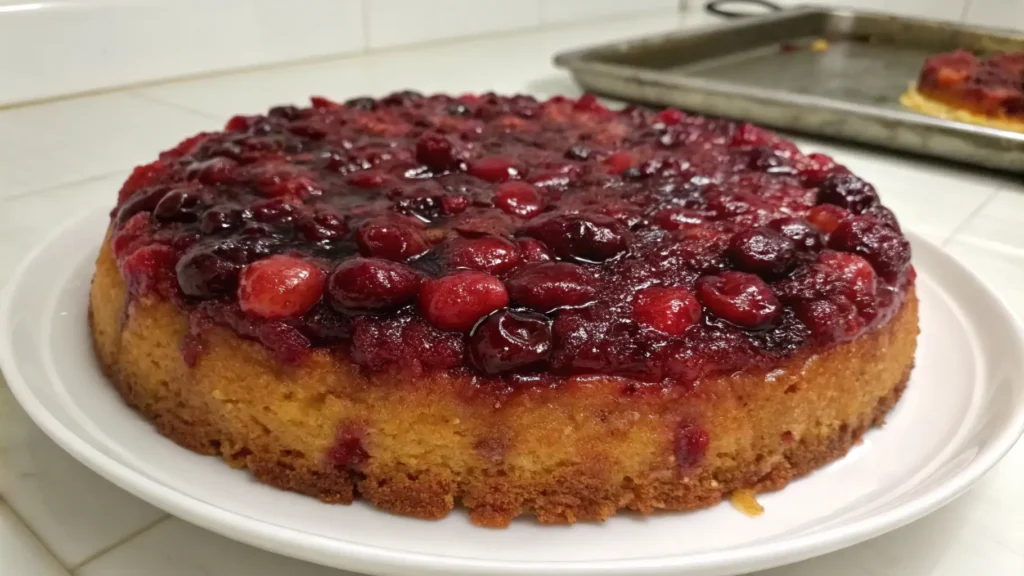 Cranberry upside-down cake with glossy caramelized cranberry topping on a moist golden cake base served on a white plate.