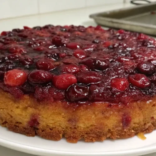 Cranberry upside-down cake with glossy caramelized cranberry topping on a moist golden cake base served on a white plate.