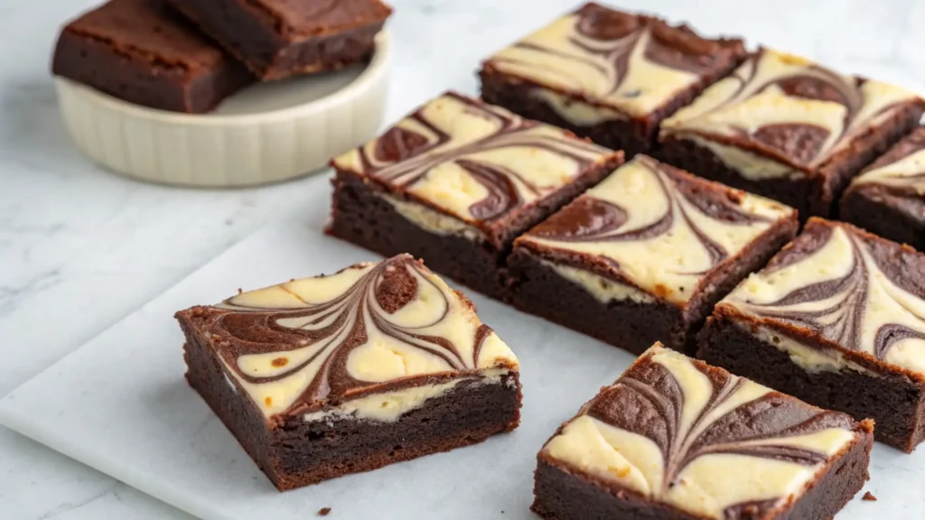 Fudgy cream cheese brownies cut into squares with marbled chocolate swirl on top, soft texture and rich layers on a light background