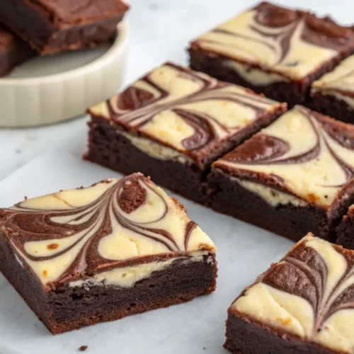 Fudgy cream cheese brownies cut into squares with marbled chocolate swirl on top, soft texture and rich layers on a light background