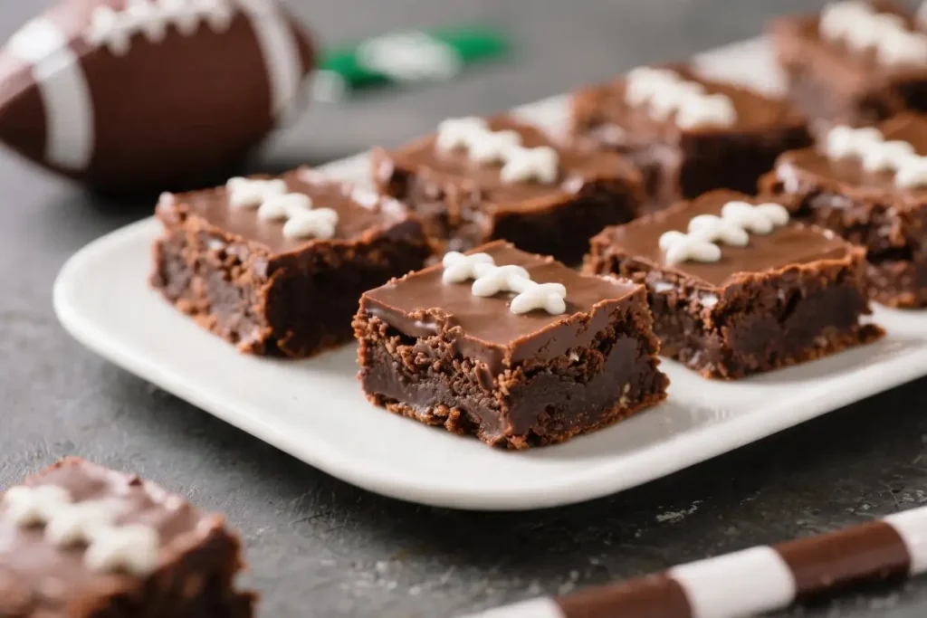 Easy football brownies cut into squares with chocolate frosting and white icing laces, served on a white plate for a game day dessert