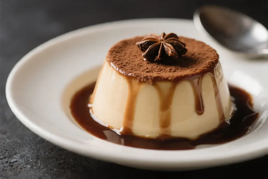 Espresso panna cotta topped with cocoa powder and coffee sauce served on a plate as a creamy Italian coffee dessert