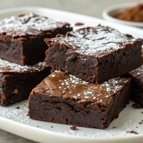 Close-up of flourless milk chocolate brownies cut into squares, stacked on a white plate, featuring fudgy dense texture, crackly tops, and a light dusting of powdered sugar.