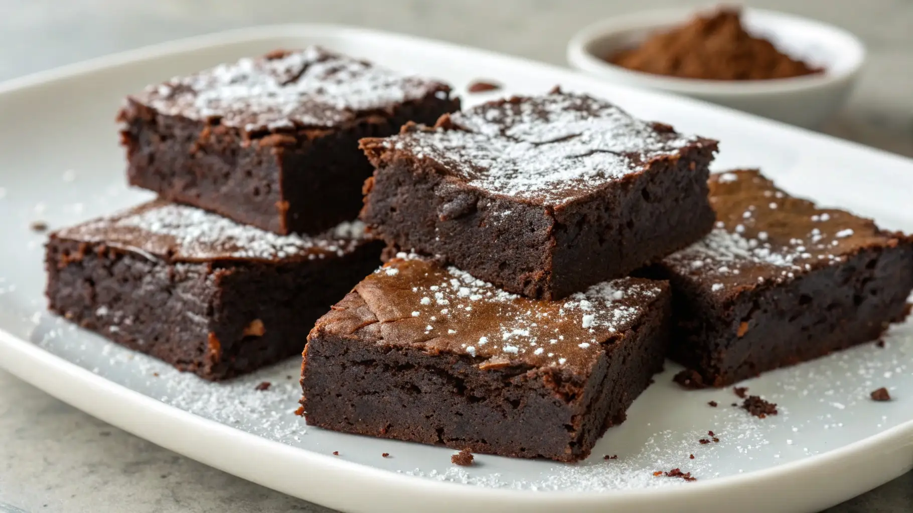Close-up of flourless milk chocolate brownies cut into squares, stacked on a white plate, featuring fudgy dense texture, crackly tops, and a light dusting of powdered sugar.