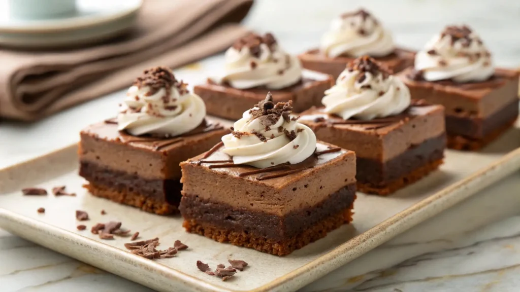 French silk pie brownies with layered chocolate base, creamy mousse topping, and whipped cream swirls garnished with chocolate shavings on a serving plate