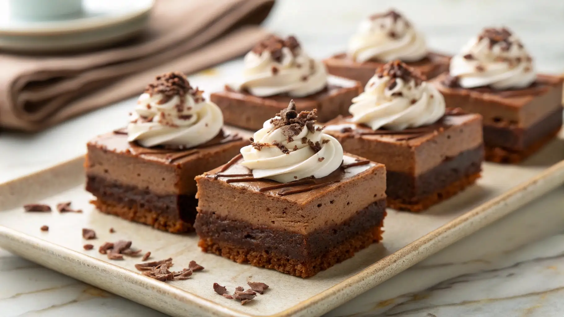French silk pie brownies with layered chocolate base, creamy mousse topping, and whipped cream swirls garnished with chocolate shavings on a serving plate