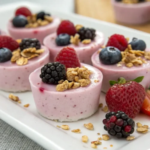 Frozen yogurt berry bites topped with fresh strawberries blueberries raspberries and granola served as a healthy frozen snack