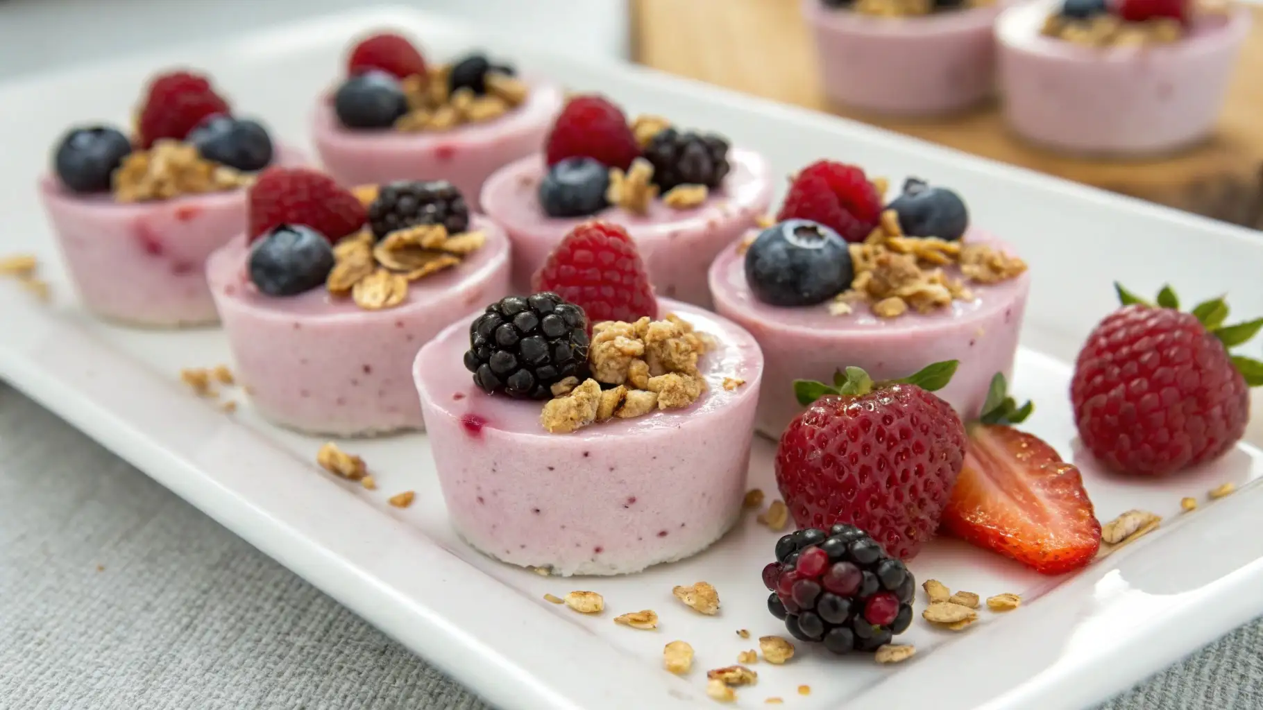 Frozen yogurt berry bites topped with fresh strawberries blueberries raspberries and granola served as a healthy frozen snack