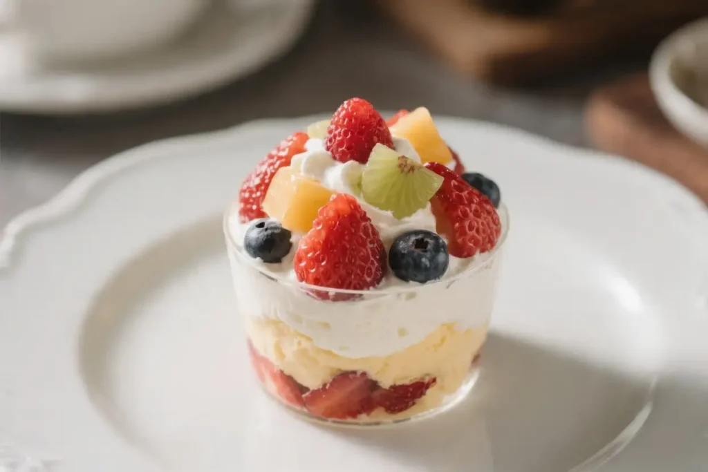 Fruit and cream parfait layered with whipped cream, sponge cake, and fresh strawberries, blueberries, and kiwi in a glass cup