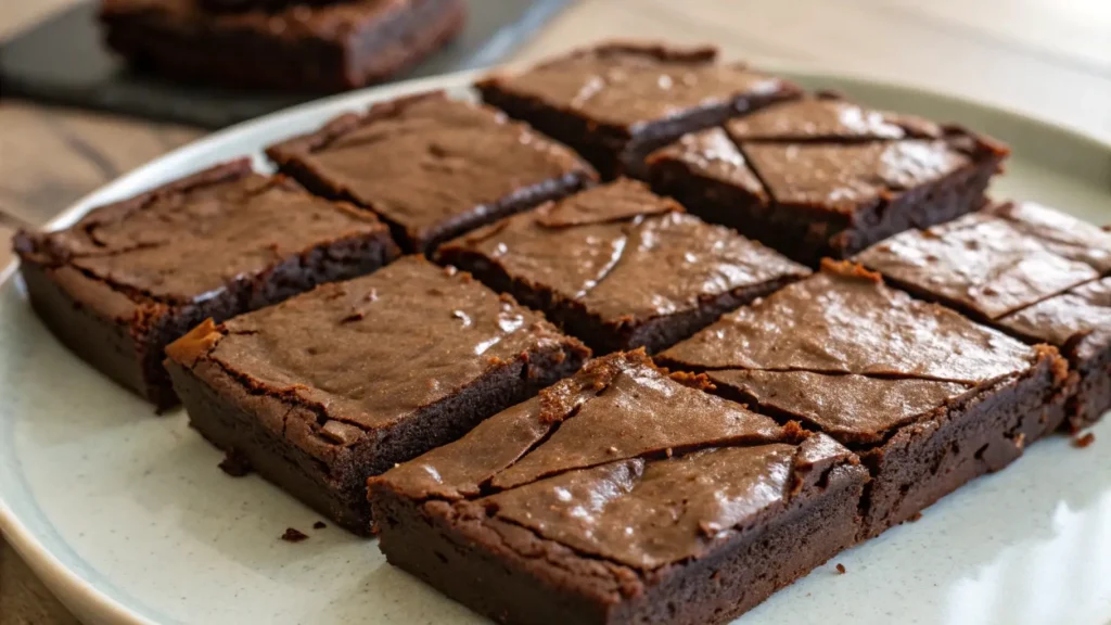 Fudgy chocolate banana brownies cut into squares with a crackly top and moist texture, served on a plate