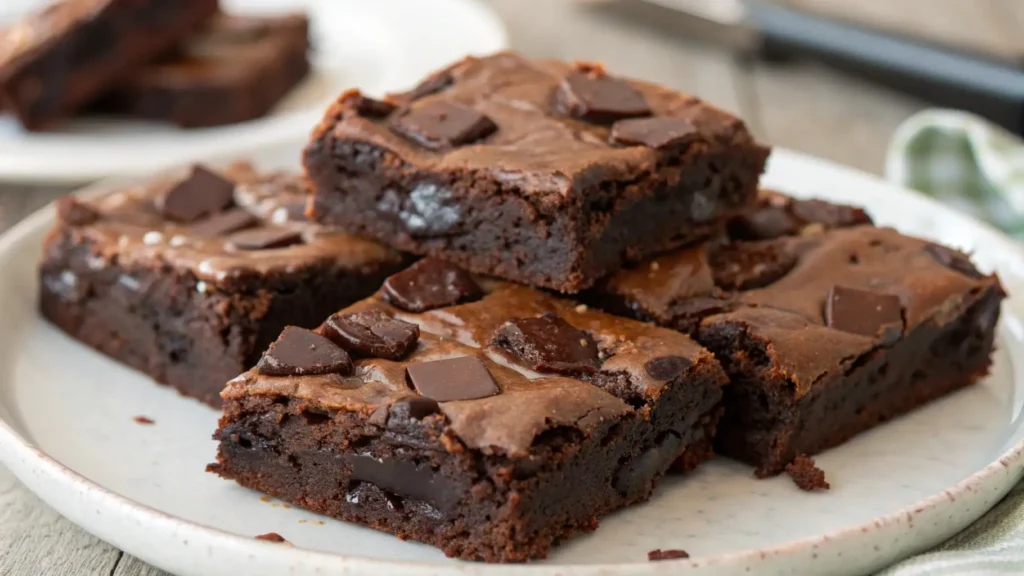 Close-up of fudgy chocolate chunk brownies stacked on a plate with a shiny crackled top and gooey melted chocolate pieces inside, showing a rich dense texture.