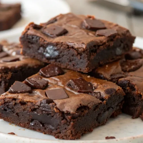 Close-up of fudgy chocolate chunk brownies stacked on a plate with a shiny crackled top and gooey melted chocolate pieces inside, showing a rich dense texture.