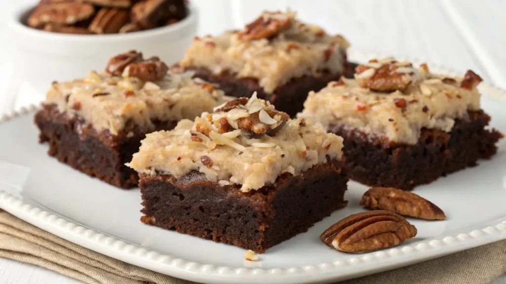 German chocolate brownies topped with coconut pecan frosting, rich chocolate base with creamy textured topping served on a white plate