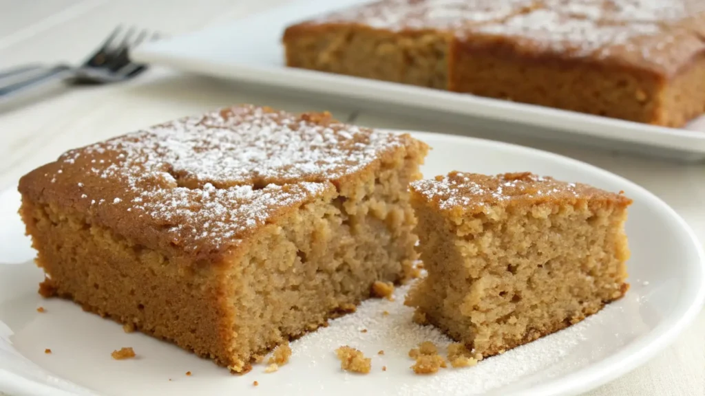 Gluten free applesauce snack cake slices dusted with powdered sugar on a white plate, showing a soft moist crumb and golden texture