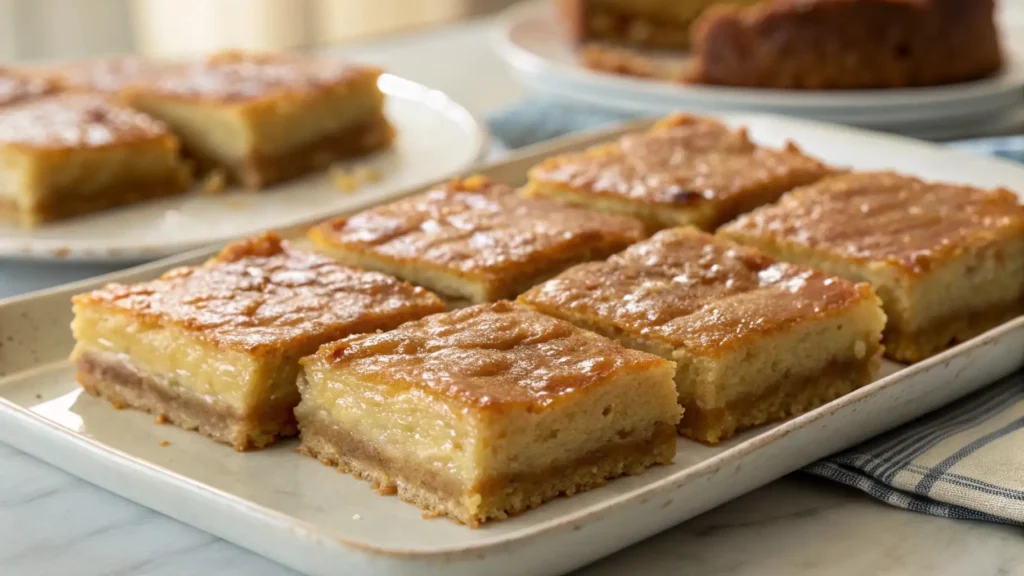 Gooey butter cake bars with a golden top and soft buttery filling arranged on a rectangular serving plate