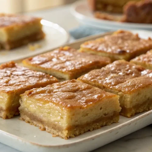 Gooey butter cake bars with a golden top and soft buttery filling arranged on a rectangular serving plate