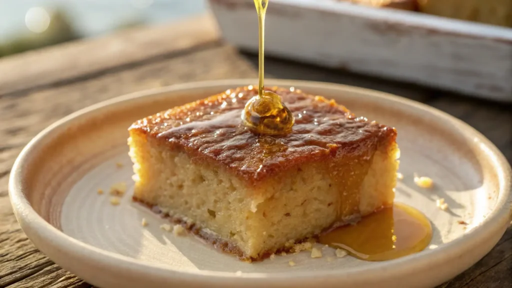 Close-up of a moist Greek honey cake slice on a ceramic plate with golden honey being poured on top, creating a glossy syrup glaze.