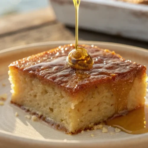 Close-up of a moist Greek honey cake slice on a ceramic plate with golden honey being poured on top, creating a glossy syrup glaze.