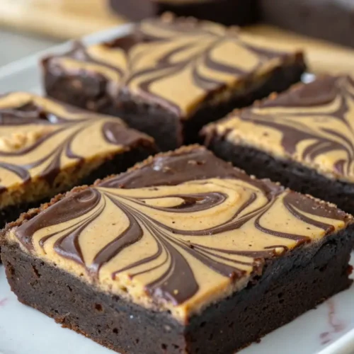 Fudgy chocolate banana peanut butter brownies with creamy swirl topping, cut into squares on a white plate, rich texture and moist interior