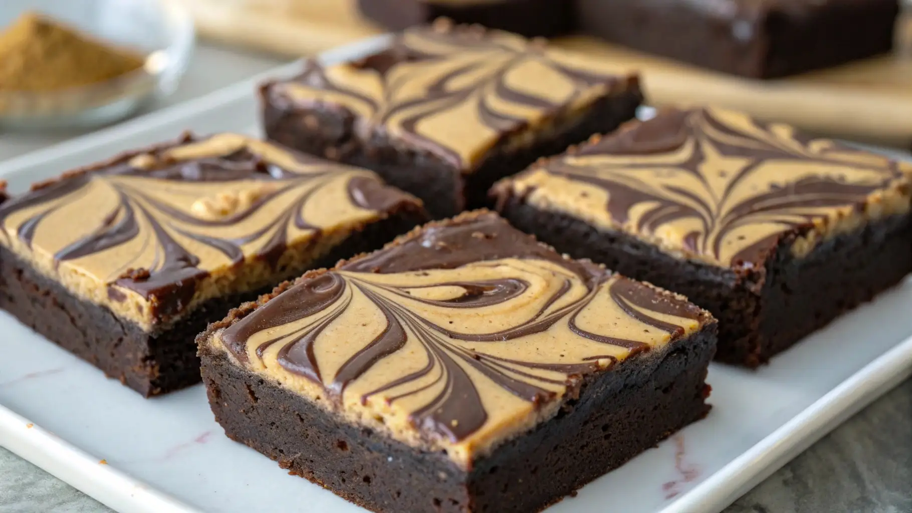 Fudgy chocolate banana peanut butter brownies with creamy swirl topping, cut into squares on a white plate, rich texture and moist interior