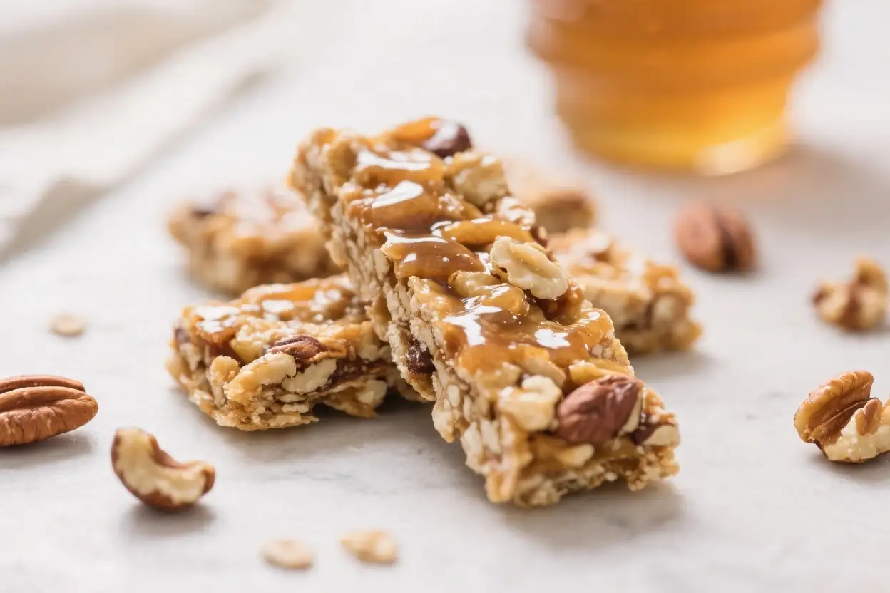 Homemade kind bars with mixed nuts oats and honey drizzled on top served as a healthy no bake snack