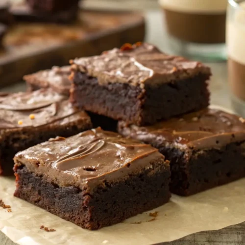 Close-up of Irish cream brownies cut into squares with a glossy chocolate glaze, stacked on parchment paper, showing a dense fudgy texture with coffee drinks in the background.