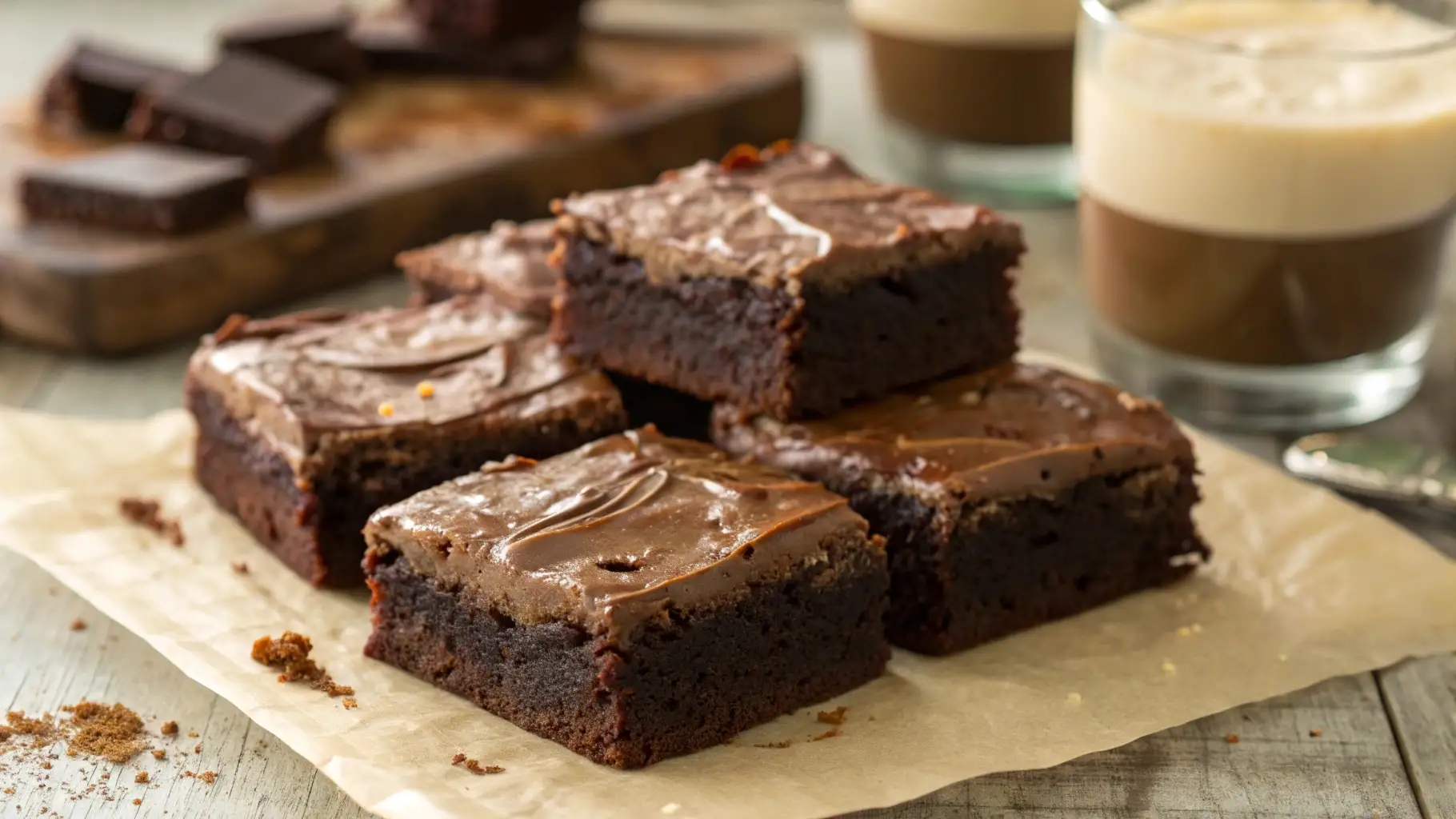 Close-up of Irish cream brownies cut into squares with a glossy chocolate glaze, stacked on parchment paper, showing a dense fudgy texture with coffee drinks in the background.