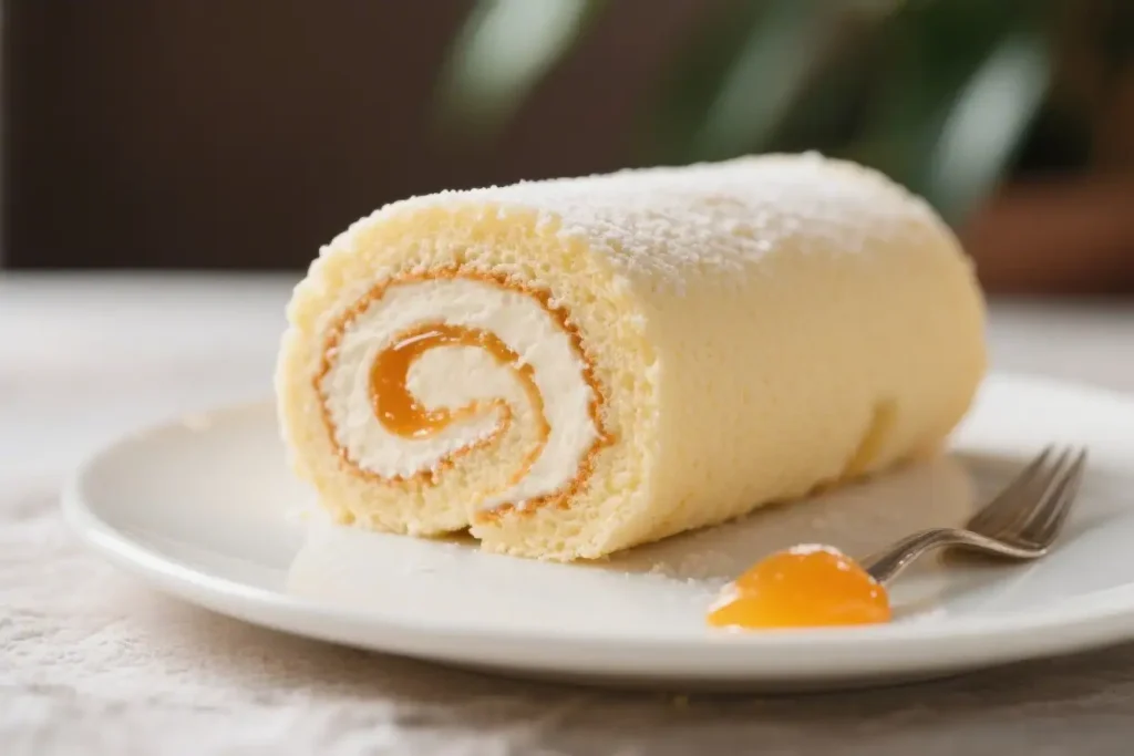 Soft sponge jelly roll cake filled with whipped cream and apricot jam, rolled into a spiral and dusted with powdered sugar on a white plate