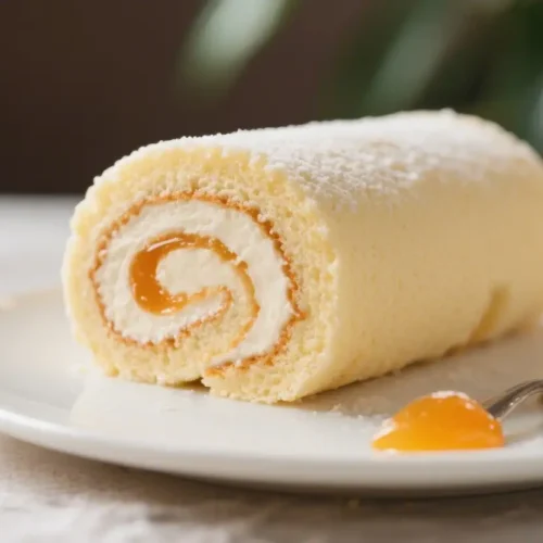 Soft sponge jelly roll cake filled with whipped cream and apricot jam, rolled into a spiral and dusted with powdered sugar on a white plate