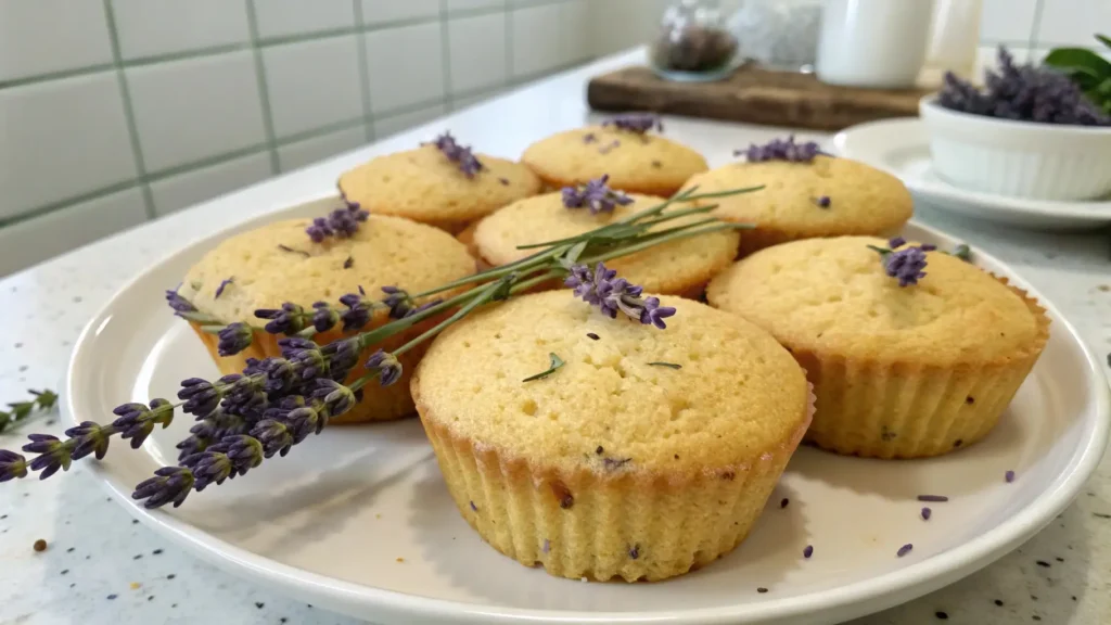 Soft lavender tea cakes with golden tops and delicate crumb, garnished with fresh lavender sprigs and served on a white plate in a bright kitchen setting