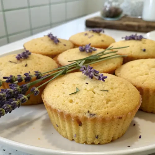 Lavender Tea Cakes Recipe for Elegant Afternoon Treats - Delicate, Fragrant, and Simple 2 Soft lavender tea cakes with golden tops and delicate crumb, garnished with fresh lavender sprigs and served on a white plate in a bright kitchen setting
