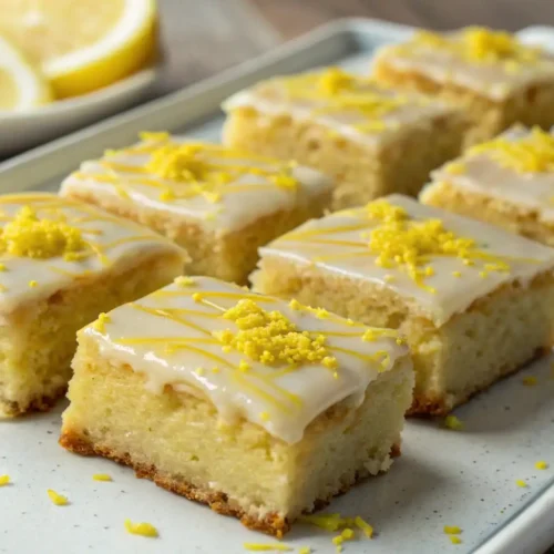 Lemon brownies with glaze topped with fresh lemon zest cut into squares on a plate with sliced lemons in the background