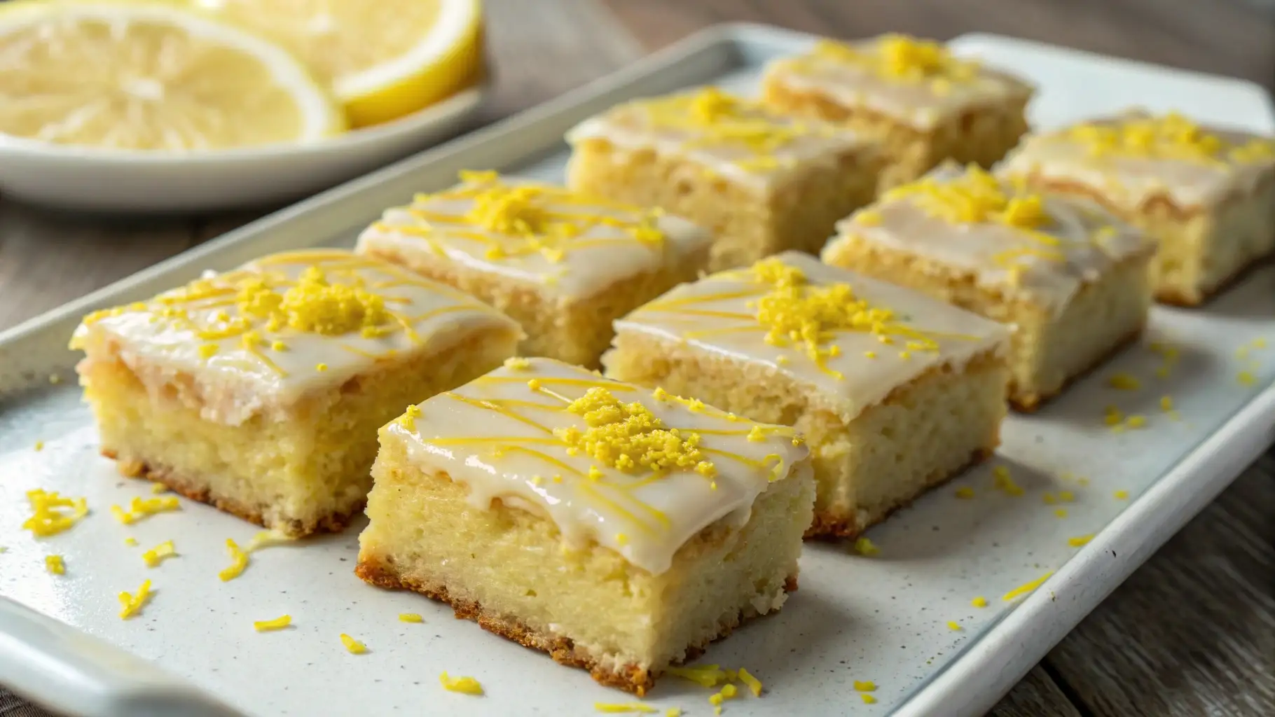 Lemon brownies with glaze topped with fresh lemon zest cut into squares on a plate with sliced lemons in the background