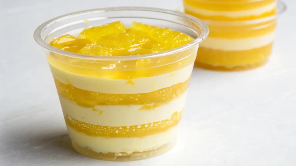 Layered lemon jello cup dessert with creamy vanilla filling in a clear plastic cup, topped with glossy lemon topping, perfect for summer no-bake treats