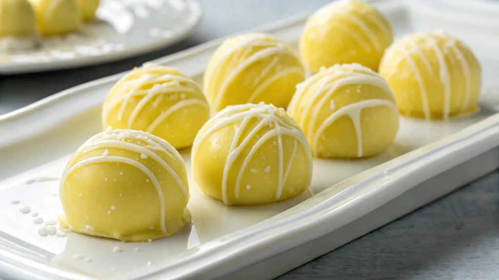 Lemon truffles coated in white chocolate with drizzle on top, arranged on a white plate, creamy citrus dessert bites perfect for no bake treats