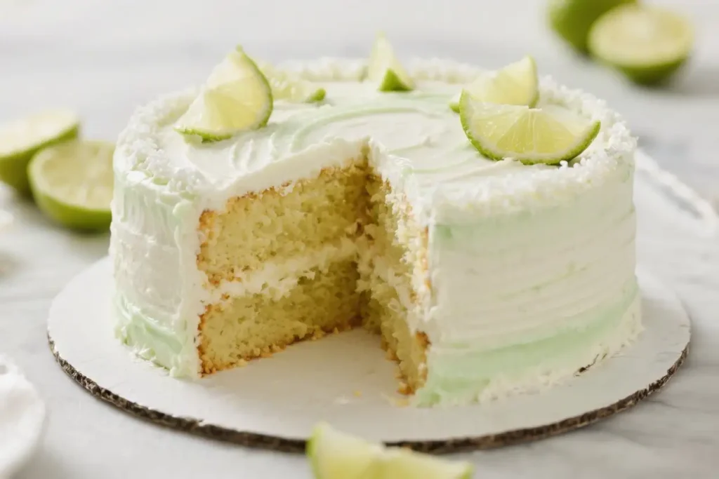 Margarita cake with lime frosting and citrus slices layered with soft sponge and creamy filling on a cake board