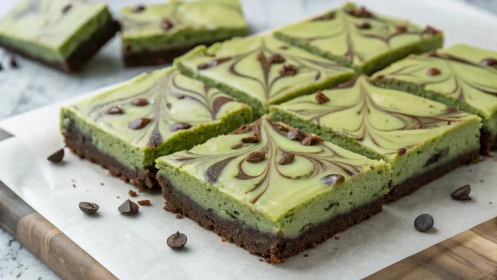 Matcha cheesecake brownies with chocolate swirl cut into squares on parchment paper