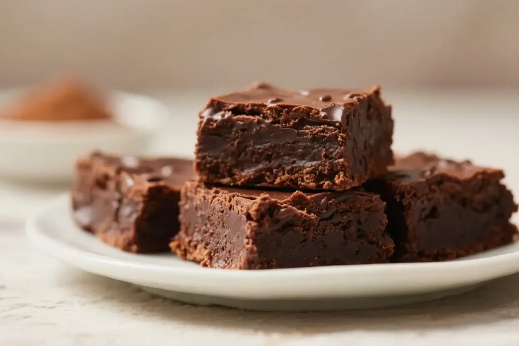 Mexican spice brownies stacked on a plate with rich fudgy texture and chocolate topping