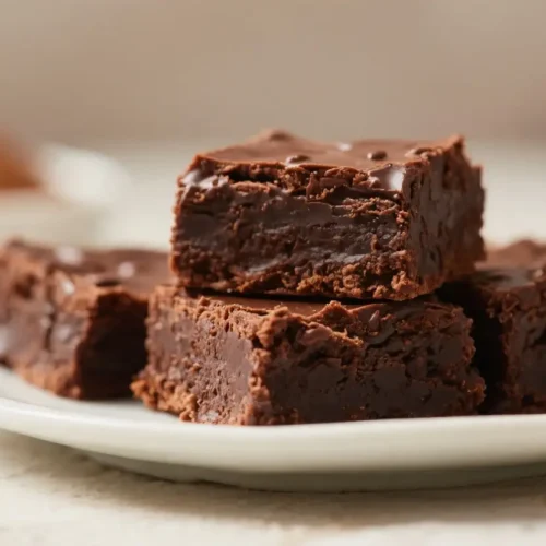 Mexican spice brownies stacked on a plate with rich fudgy texture and chocolate topping