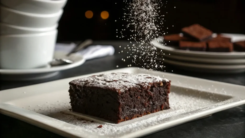 Moist dark chocolate midnight cake slice dusted with powdered sugar on a white plate with sugar falling above and blurred dessert plates in the background