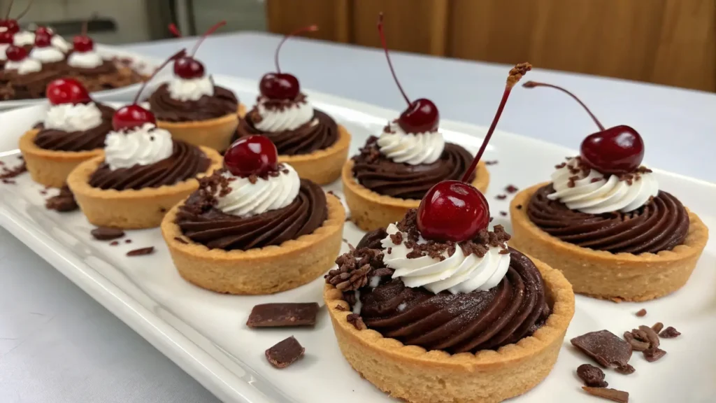Mini Black Forest mousse tarts with chocolate ganache filling whipped cream topping and fresh cherries served on a white platter